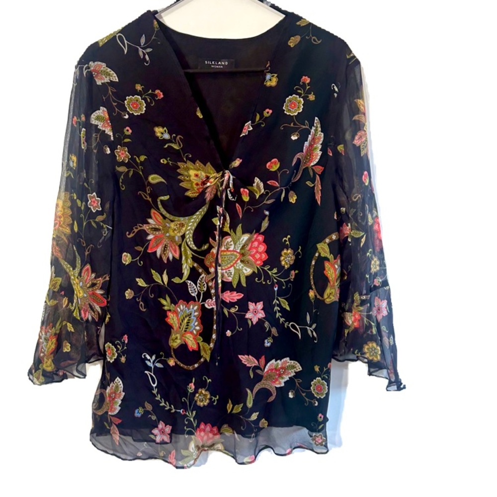 SILKLAND WOMAN FLORAL BEADY CHIFFON LONG SLEEVES BLOUSE BUST 24 inches